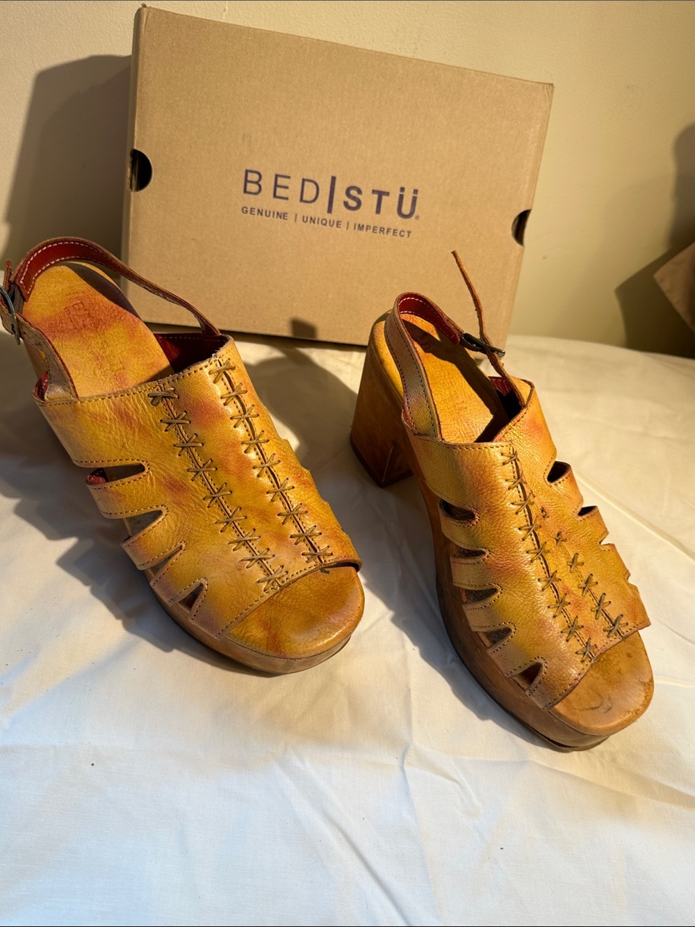BED|STU Yellow Leather Cutout Slingback Block Heels